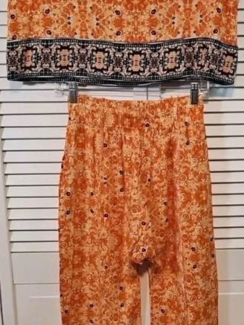 Free People Orange Printed Jumpsuit with Navy Trim